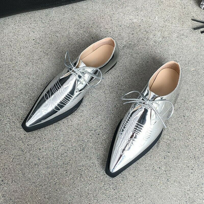 New Womens Brogues Pointy Toe Lace Up Flat Heel Casual Pumps Shoes Retro 34-40