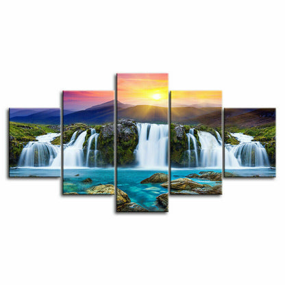 Mountain Waterfall in Sunshine Canvas Prints Painting Wall Art Decor Picture 5PC