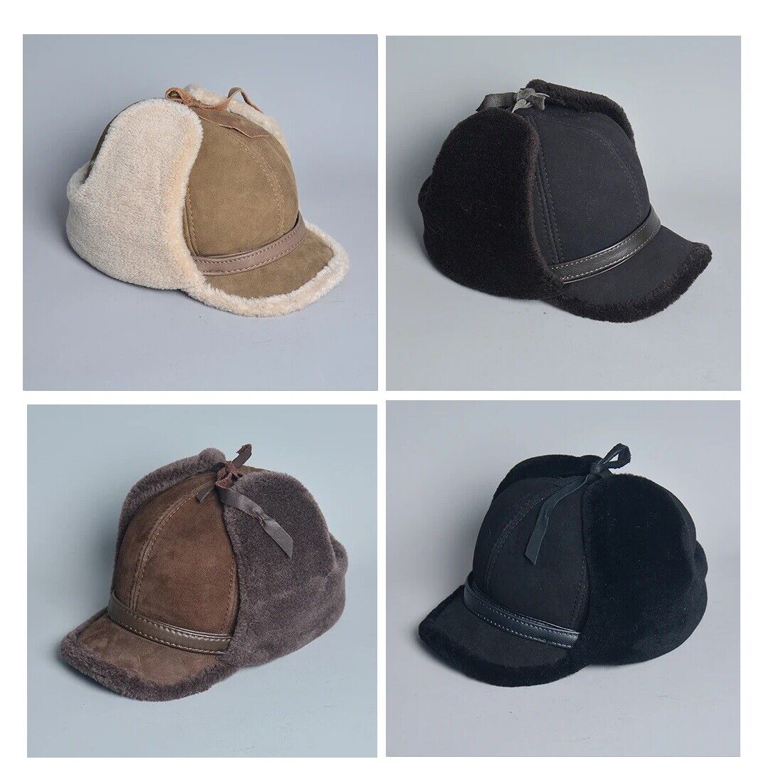 Men Bomber Hats Leather Fur Lamb Wool Warm Winter Thicken Earflaps Baseball Caps