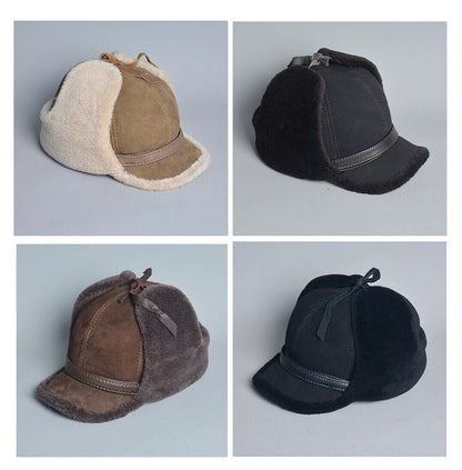 Men Bomber Hats Leather Fur Lamb Wool Warm Winter Thicken Earflaps Baseball Caps