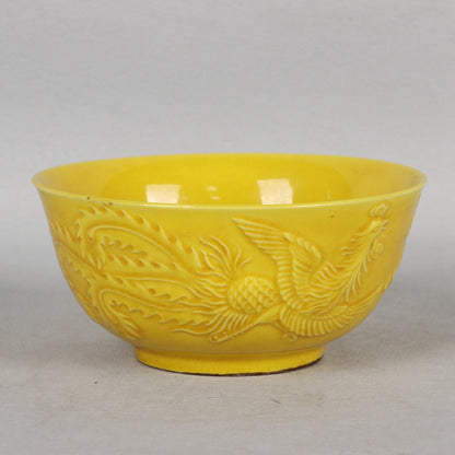 Old Chinese Porcelain Color Painted Relief Dragon & Phoenix Pattern Bowl
