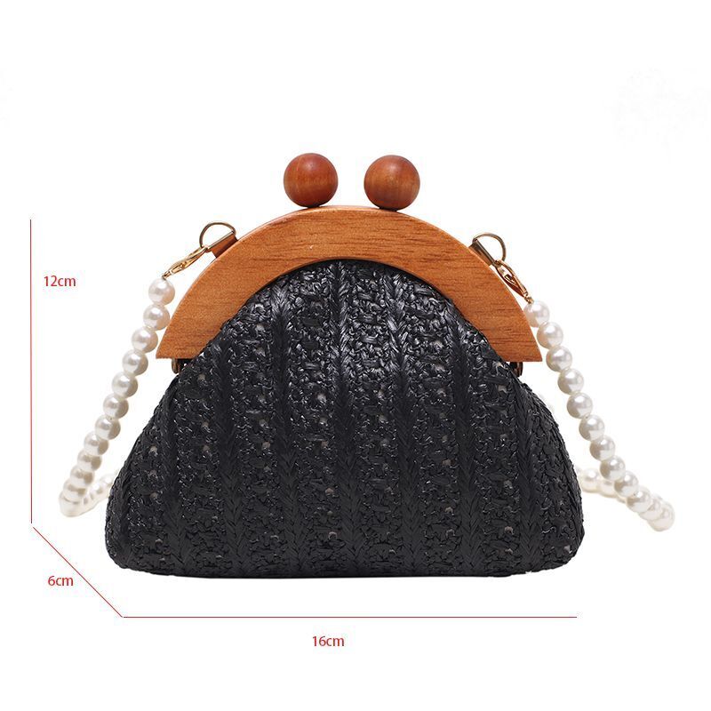 Vintage Pearl Chain Crossbody Bag Straw Woven Handbag Wooden Clip Shoulder Purse