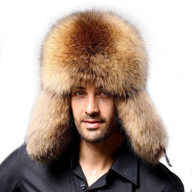 Male Full Covered Real Fox Fur Hat Russian Ushanka Hat Cossack Warm Trapper Cap