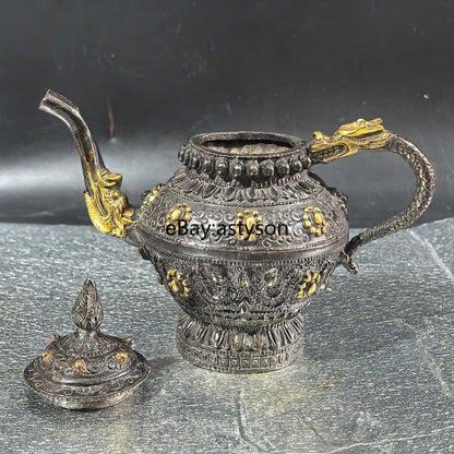 6" Antique Old Chinese Dynasty Bronze Gilt Feng Shui Dragon Teapot Teakettle