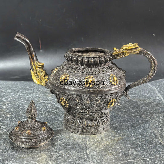 6" Antique Old Chinese Dynasty Bronze Gilt Feng Shui Dragon Teapot Teakettle