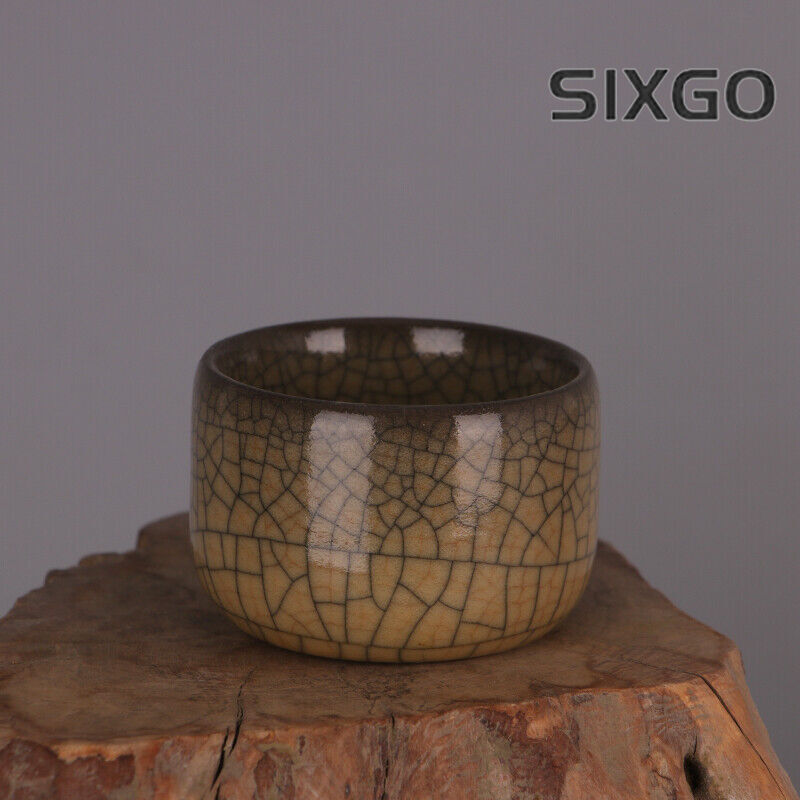 2.8" Collection Chinese Song Porcelain Ge Kiln Yellow Glaze Gold Wire Cup