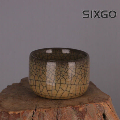 2.8" Collection Chinese Song Porcelain Ge Kiln Yellow Glaze Gold Wire Cup