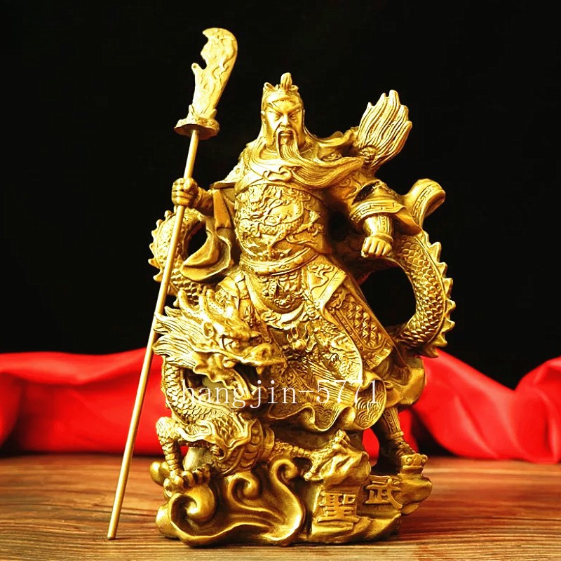 Bronze Brass Guangong Guan Gong Yu Warrior God on Dragon Wealth Statue
