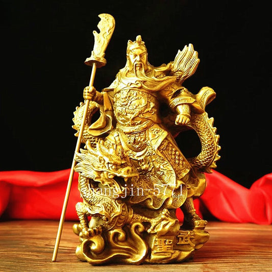 Bronze Brass Guangong Guan Gong Yu Warrior God on Dragon Wealth Statue