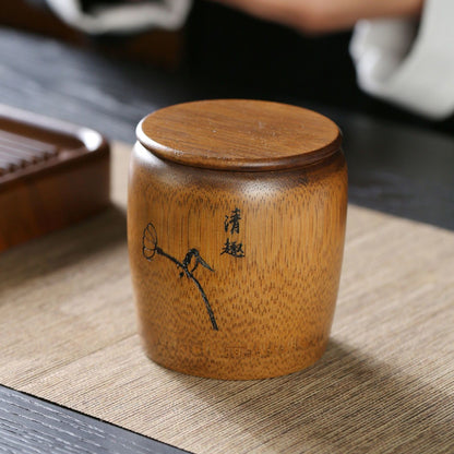 Bamboo Tea Canister 10.5cm Hand Carved Lotus Airtight Travel Caddy Jar