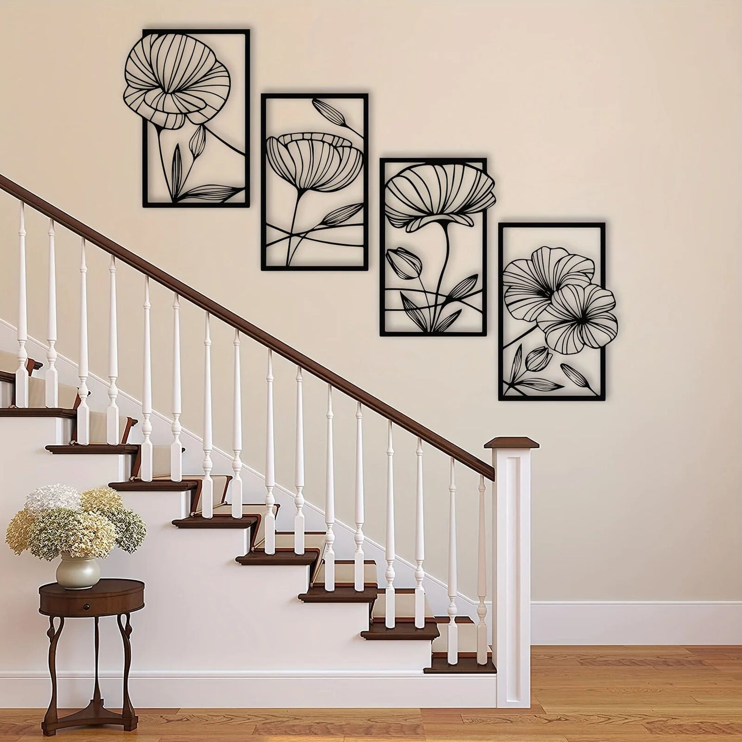 4 Piece Metal Lotus Flower Wall Decor, Floral Aesthetic Splicing Line Art