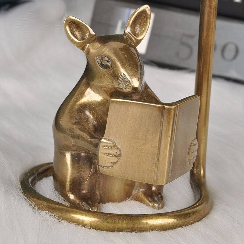 Brass Mouse Reading Book Candlestick Art Decor Style Candle Holder