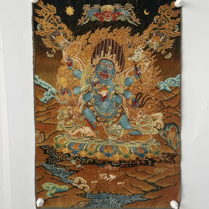 Embroidery Tibetan Buddhism Six Arm Mahakala Thangka hanging screen Worship Hall