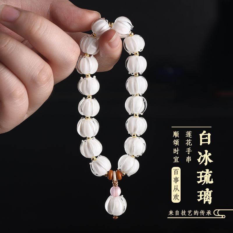 New Style Women Single Strand Ice White Glass Lotus Bracelet