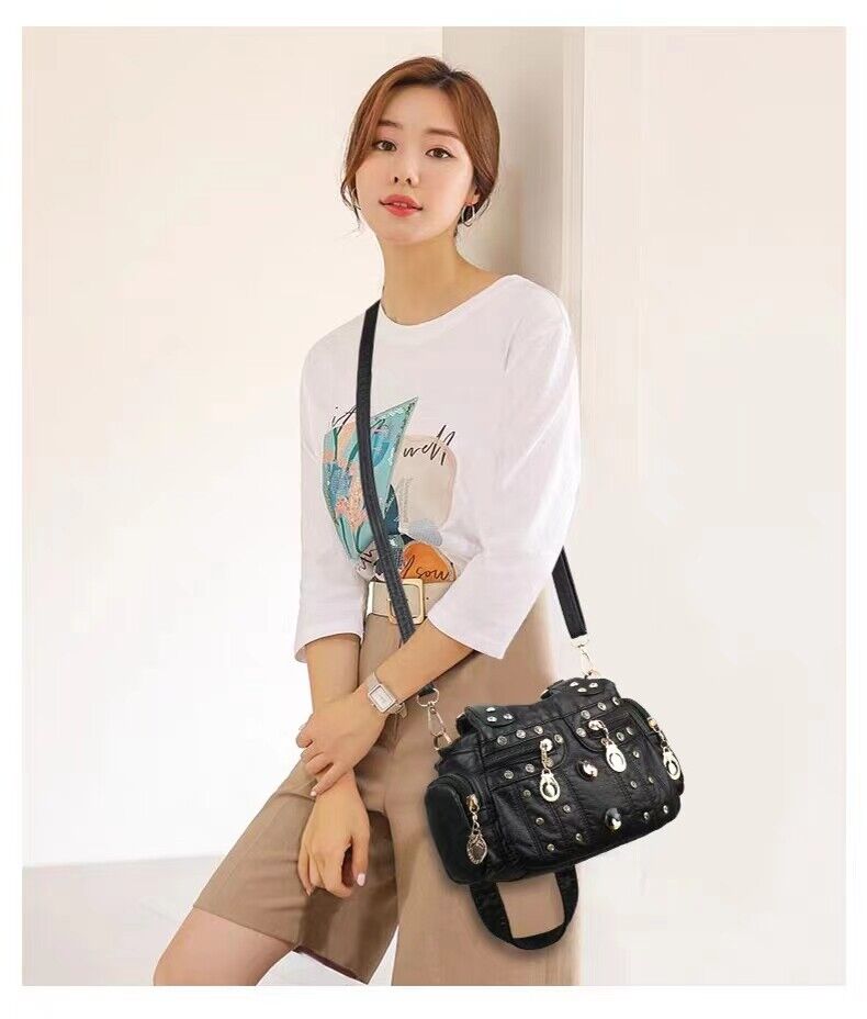Vintage PU Leather Women Handbag Soft Crossbody Shoulder Bag Tote Double Handles