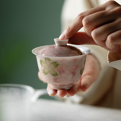 Boutique Handpainted Gaiwan Under Glaze Porcelain Tureen Covered Bowl Floral Lid
