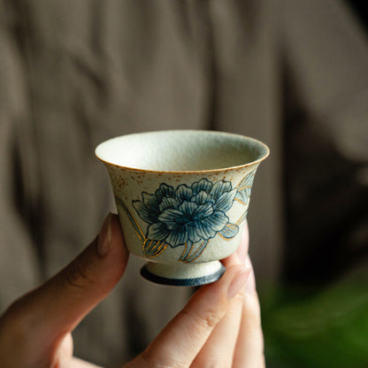 Handpainted Gaiwan Teacup Pitcher Ceramic Peony Print Master Cup Tureen Fair Cup