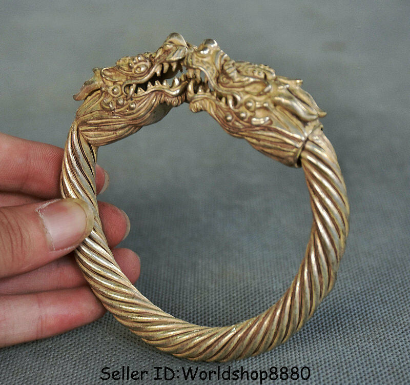 3.8" Collect Old Chinese Silver Dynasty Palace Double Dragon bracelet bangle