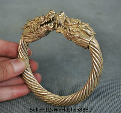 3.8" Collect Old Chinese Silver Dynasty Palace Double Dragon bracelet bangle