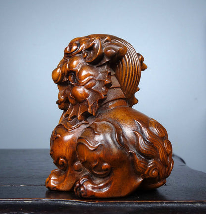 Old China Boxwood Wood Fengshui Kylin Chi-lin Qilin Lion Beast Auspicious Statue