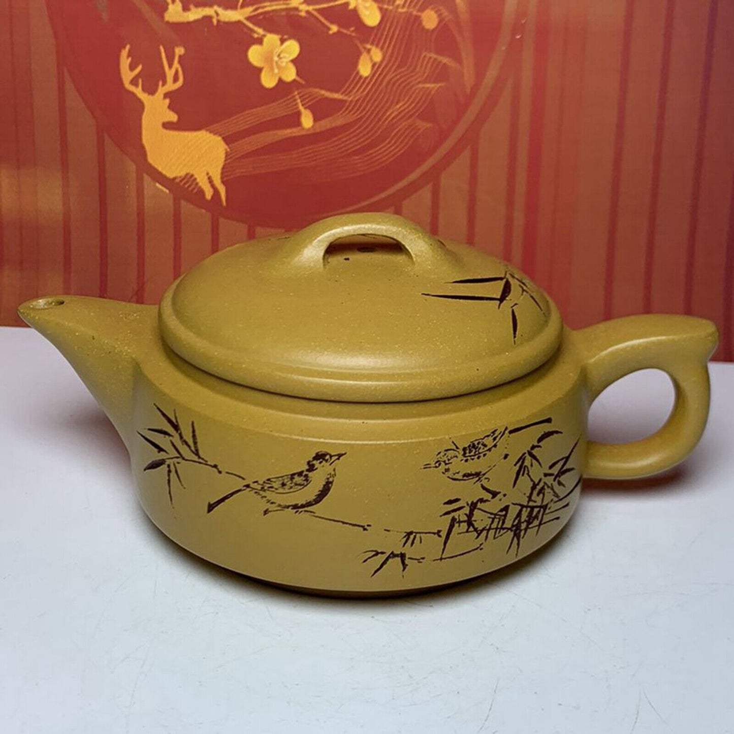 Vintage Chinese Yixing Purple Clay Teapot Zisha Ceramic Painted Bamboo Bird Rare