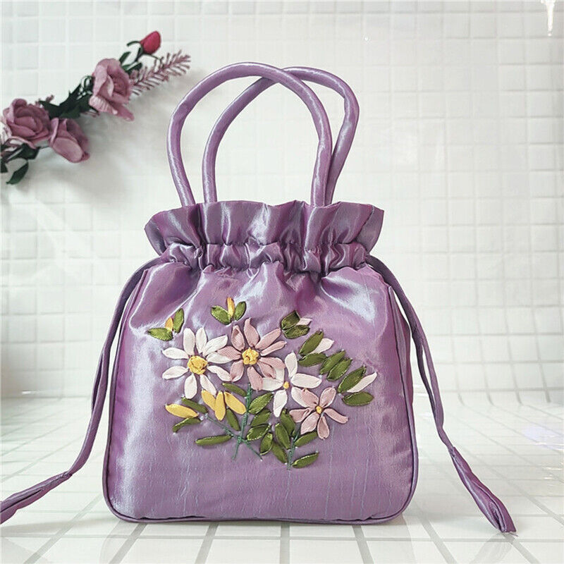 Women Ethnic Embroidered Floral Satin Handbag Girls Drawstring Tote Hanfu Bag