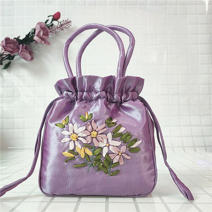 Women Ethnic Embroidered Floral Satin Handbag Girls Drawstring Tote Hanfu Bag