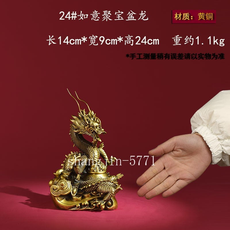 9.5" Brass Carved Chinese Dragon Statue Holy Beast Wealth Feng Shui Home Decor