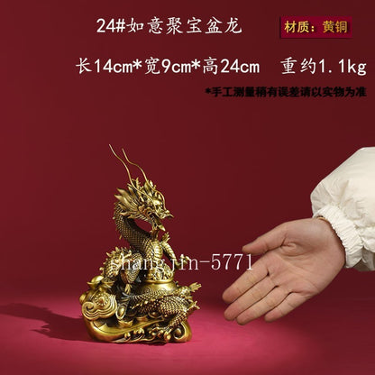 9.5" Brass Carved Chinese Dragon Statue Holy Beast Wealth Feng Shui Home Decor