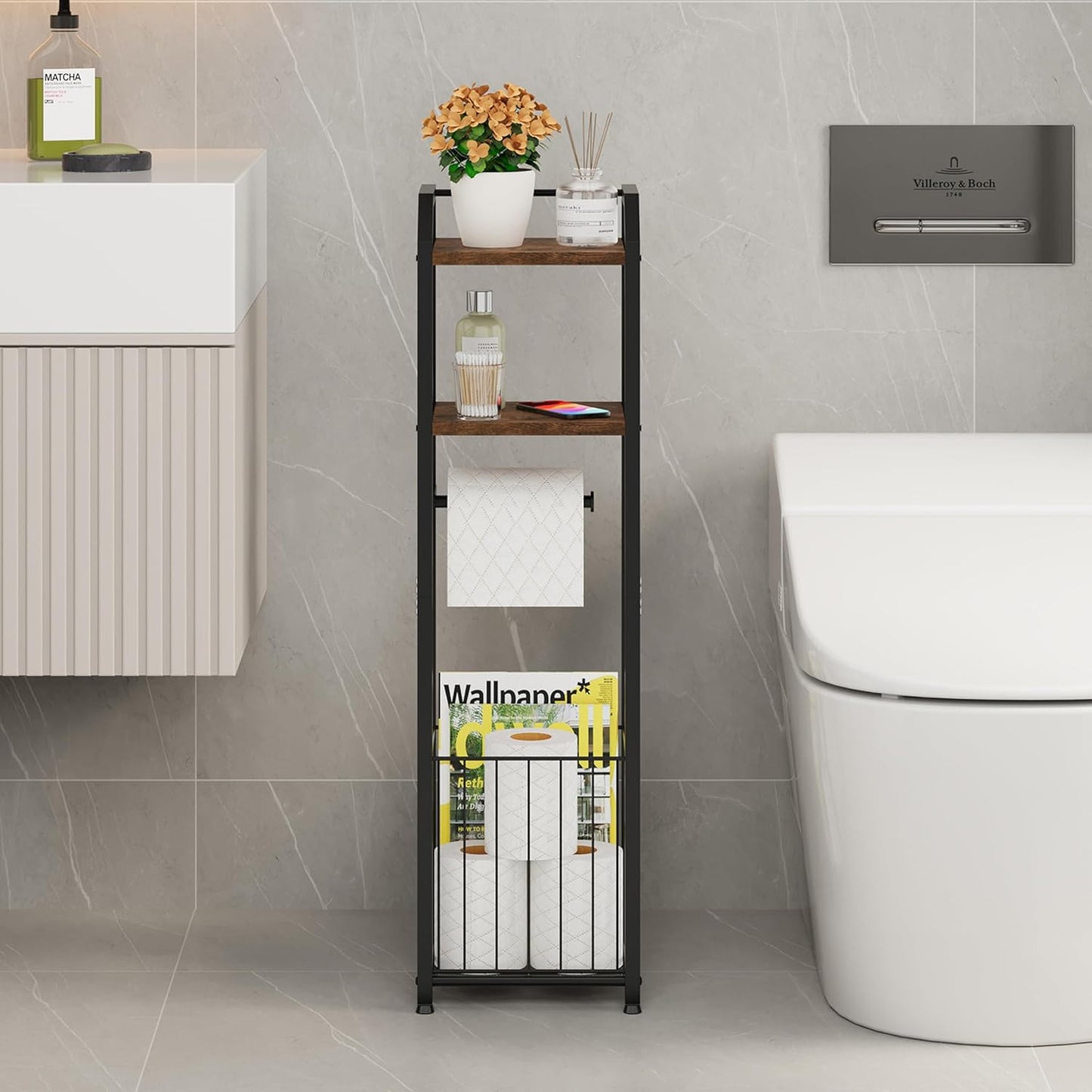 Freestanding Toilet Paper Holder - 4-Tier Bathroom Tissue Organizer with Wood Sh