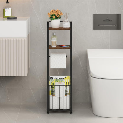 Freestanding Toilet Paper Holder - 4-Tier Bathroom Tissue Organizer with Wood Sh