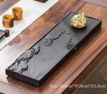 Ebony Wood Tea Tray Hand Carved Serving Tray Water Draining Pipe Solid Wood New