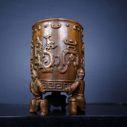Antique Chinese Rosewood Carved Exquisite Buddha Statue Dragon Statue Brush Pot