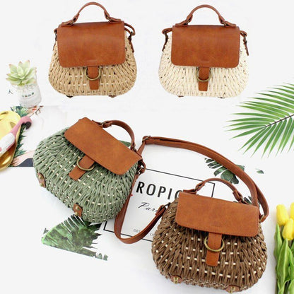 Vintage Straw Bag Crossbody Beach Purse Casual Weaving Rattan Handbag Polyester