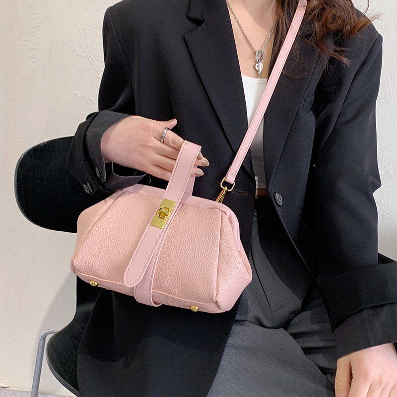 Synthetic Leather Small Shoulder Clip Bag Silver Shell Gold Pink Blue 20*15*10CM