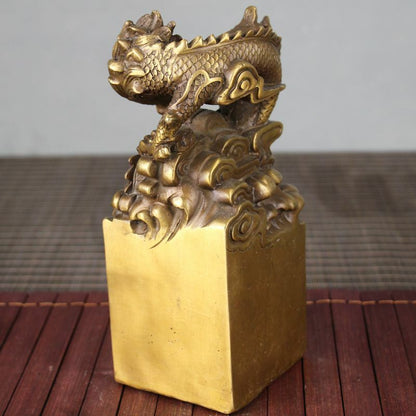 Chinese Royal Brass Dragon Seal Stamp Statue Feng Shui Decor