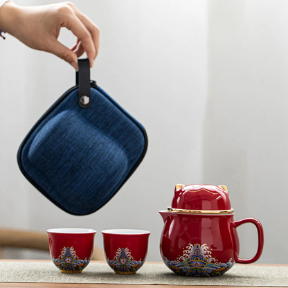Ceramic Tea cups and Sets Cute Cat Portable Tea Set with Travel Case