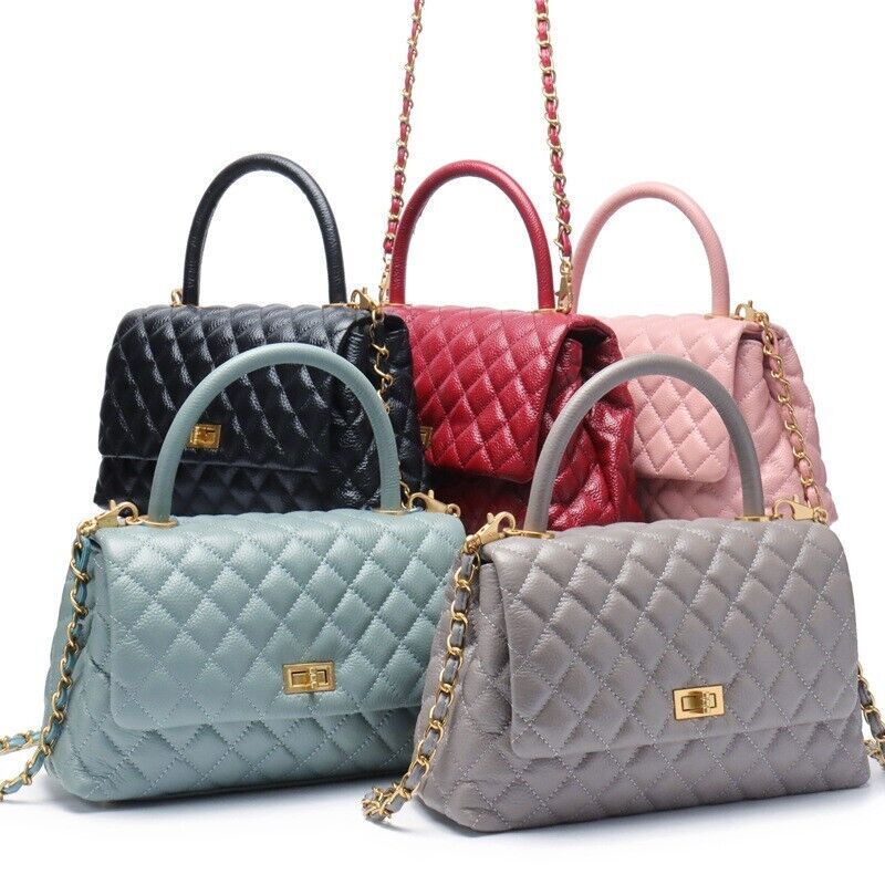 20/26/28 Quilted Real Leather Flap Purse Tote Shoulder Bag Handbag w/ Chains