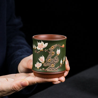 Handmade Tea Cup Real Yixing Zisha Green Clay Floral Relief Master Cup 170ml New