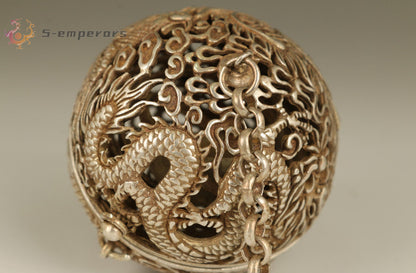Old Tibet Silver Copper Hand Carved Dragon Phoenix Statue Incense Burner Buddha