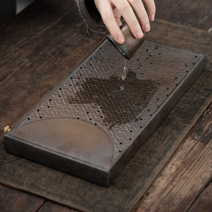 Crude Pottery Tea Tray Water Draining Reservoir Serving Tray Rectangle Antique