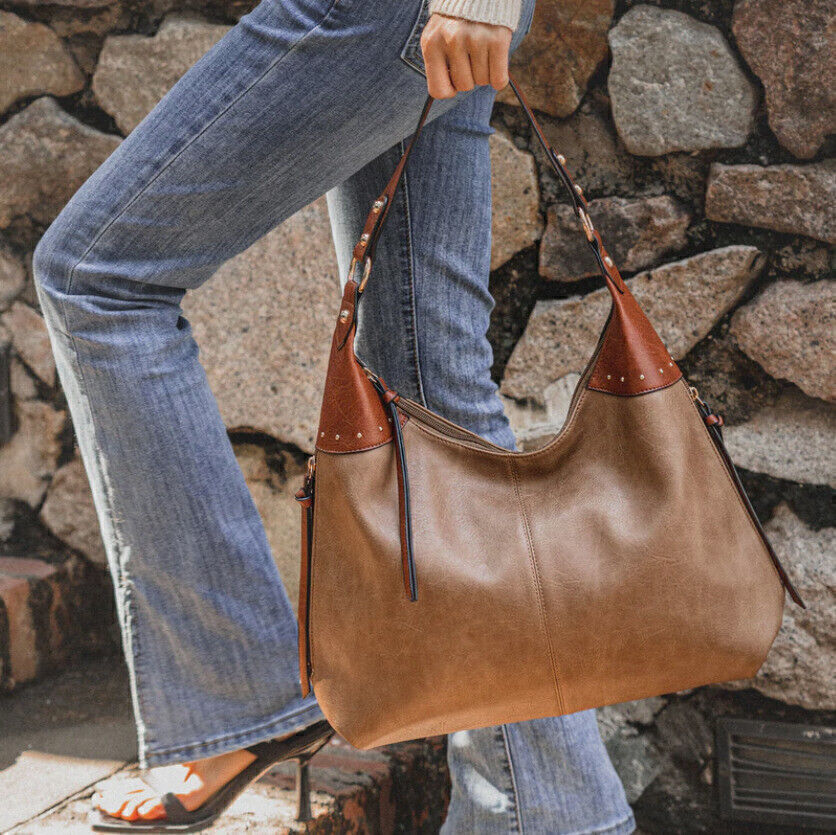 Celela Women Concealed Carry Studs Hobo Shoulder Handbag Tote Bag W/ Purse Set