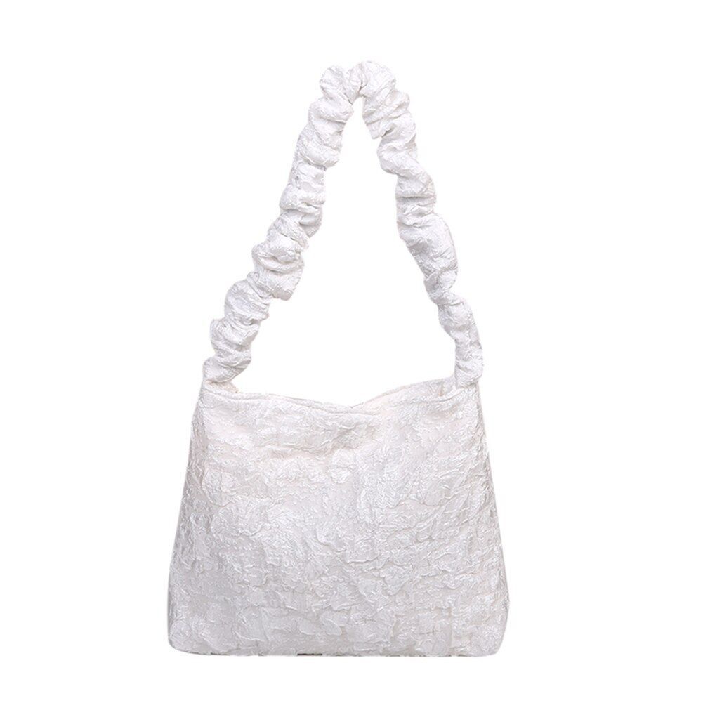 Pleated Shoulder Bag Underarm Purse Large Tote Zipper Handbag White/Black Pouch