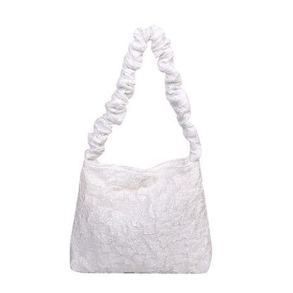 Pleated Shoulder Bag Underarm Purse Large Tote Zipper Handbag White/Black Pouch