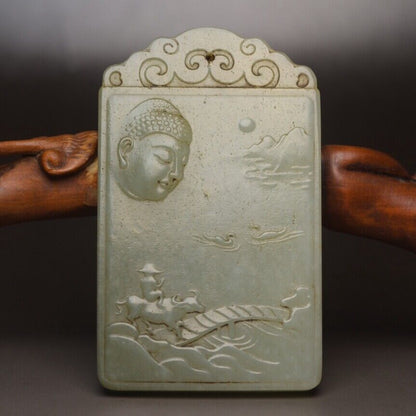 Chinese Natural Hetian Jade Carving Buddha Statue Good Luck Pendant Jewelry Rare