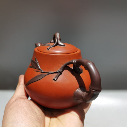 5.5" Yixing Zisha Pottery Red Clay 260CC Hand Made Bamboo Folia Bambosae Teapot