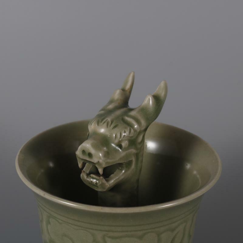 3.26 inch Chinese Song Celadon Porcelain Carved Flowers Dragon Shape Teacup Cup