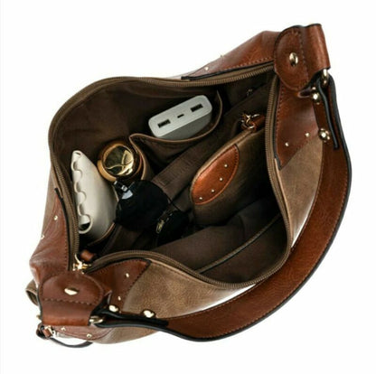 Concealed Carry Women Studs Hobo Shoulder Handbag Purse Tote Hobo Bag W/ Wallet
