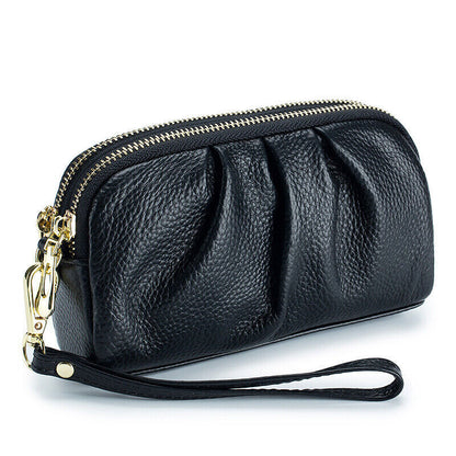 Women Hand Collar Leather Bag Zipper Large Capacity Cowhide Phone Clutch Wallet