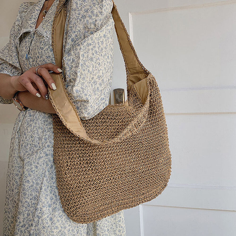 Womens Woven Straw Shoulder Bag Large Summer Beach Bag Handbag Tote with Zipper